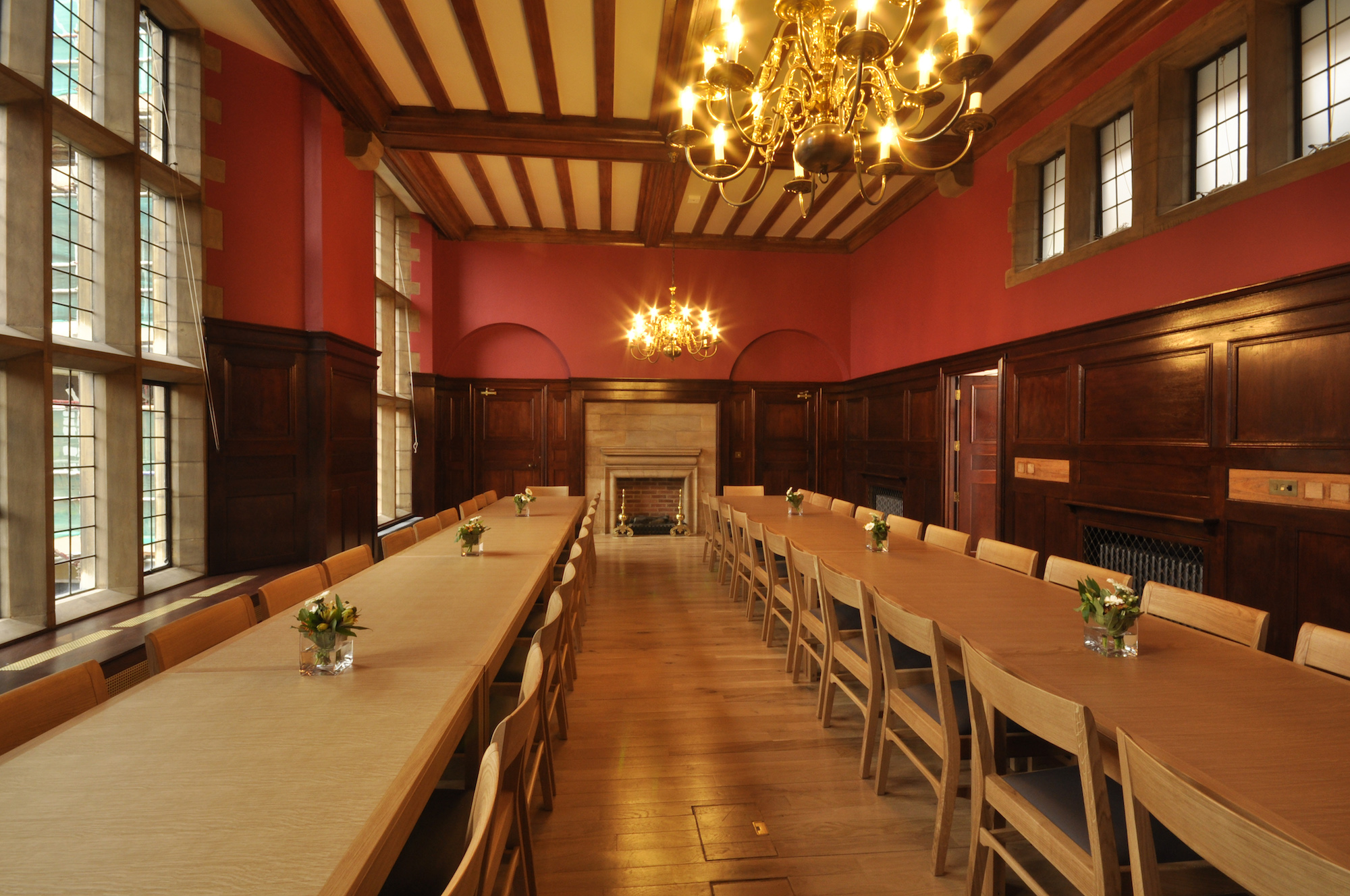 Jesus College dining hall with chandeliers